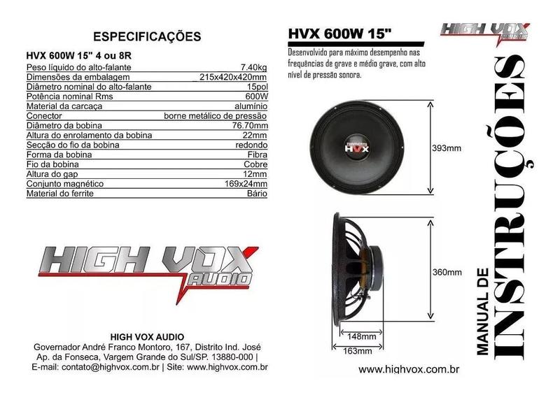 Alto Falante Woofer Tormento Hvx 15 Polegadas 600Wrms 4Ohms - High